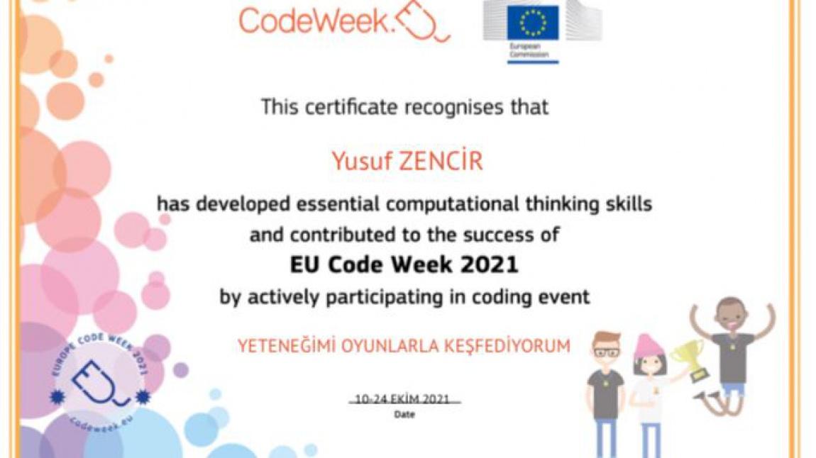 Yusuf ZENCİR-Code Week etkinliklerine katılım belgesi. 